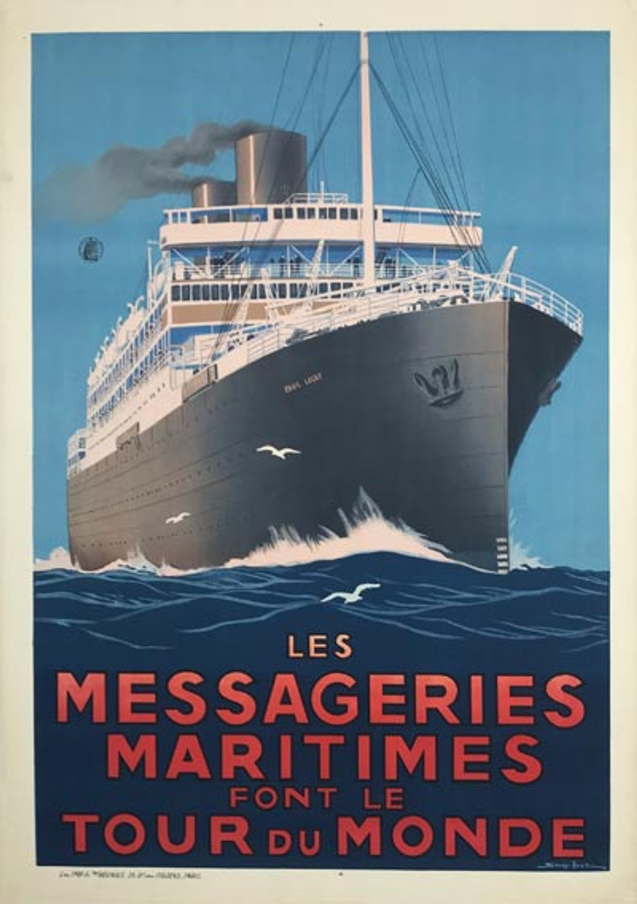 Les Messageries Maritimes Font Le Tour Du Monde original vintage travel poster by Sandy Hook from 1930 France.