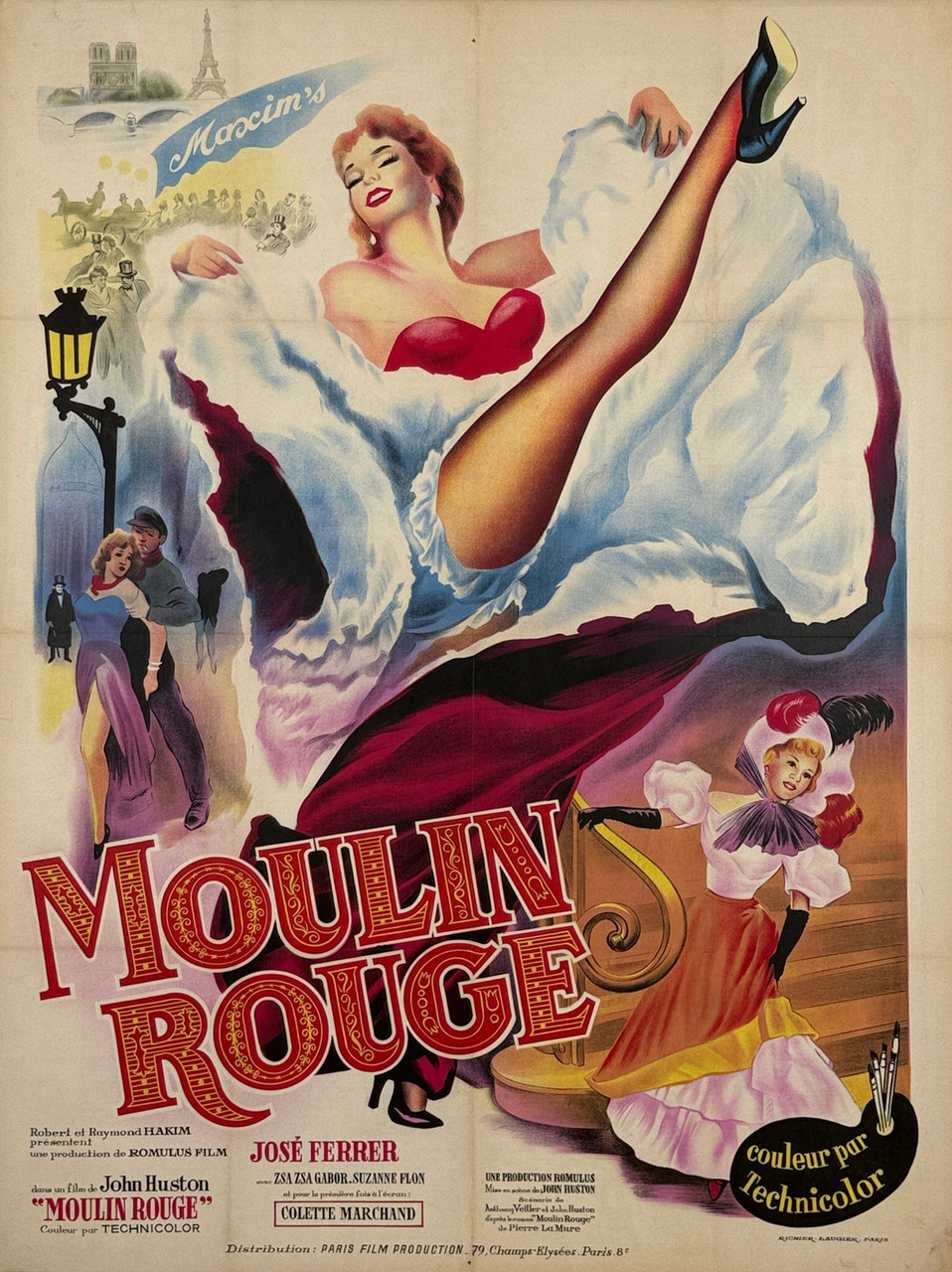 Moulin Rouge Movie Poster Original 1952 Vintage French Stone Lithograph Theater Use Advertisement Linen Backed.
