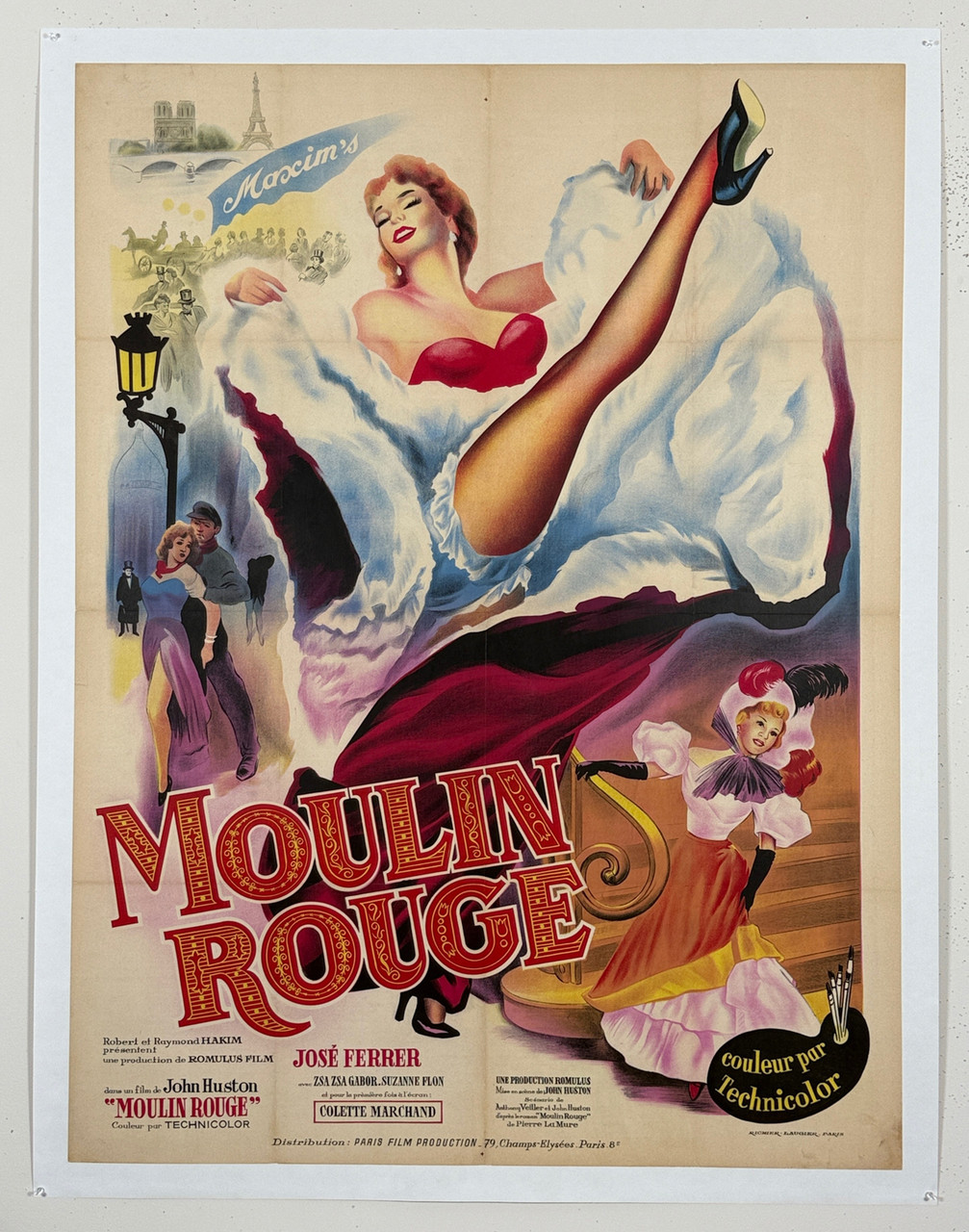 Moulin Rouge Movie Poster Original 1952 Vintage French Stone Lithograph Theater Use Advertisement Linen Backed.