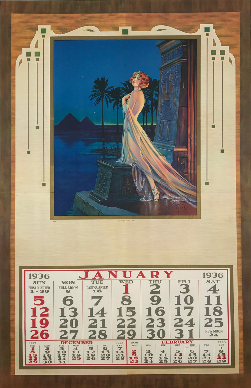 A Melody Of Ancient Egypt by Henry Clive Original 1936 Large Vintage  American Pin Up Calendar Stone Lithogarph Poster Linen Backed.