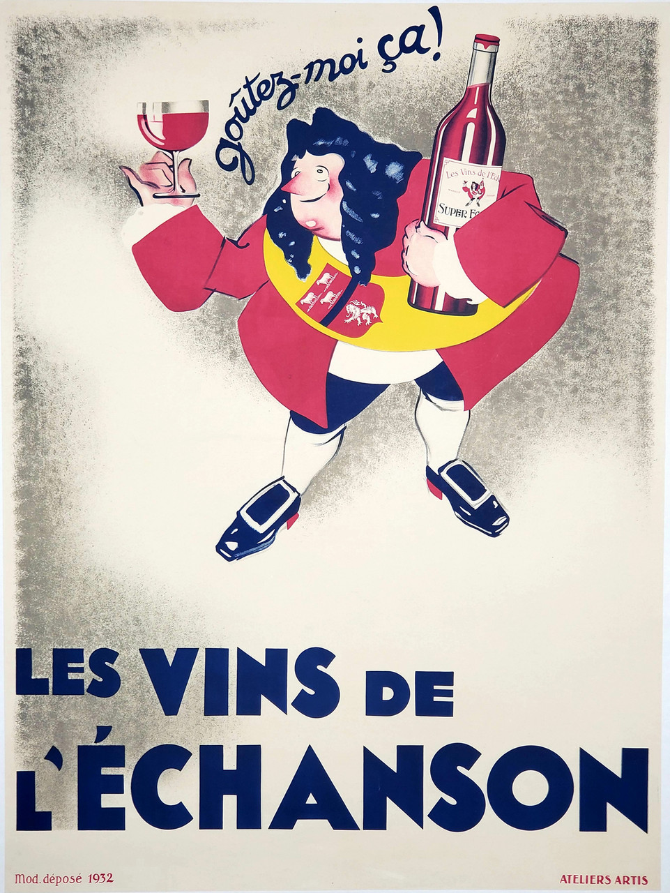 Les Vins De L'Echanson Original 1932 Vintage French Wine Advertisement Stone Lithograph Poster Linen Backed. French red wine lithographic advertisement.