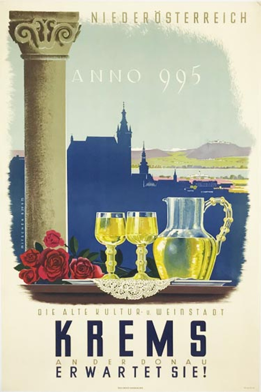 Original vintage Krems Austria advertising lithograph poster from 1948 by Mitschek.