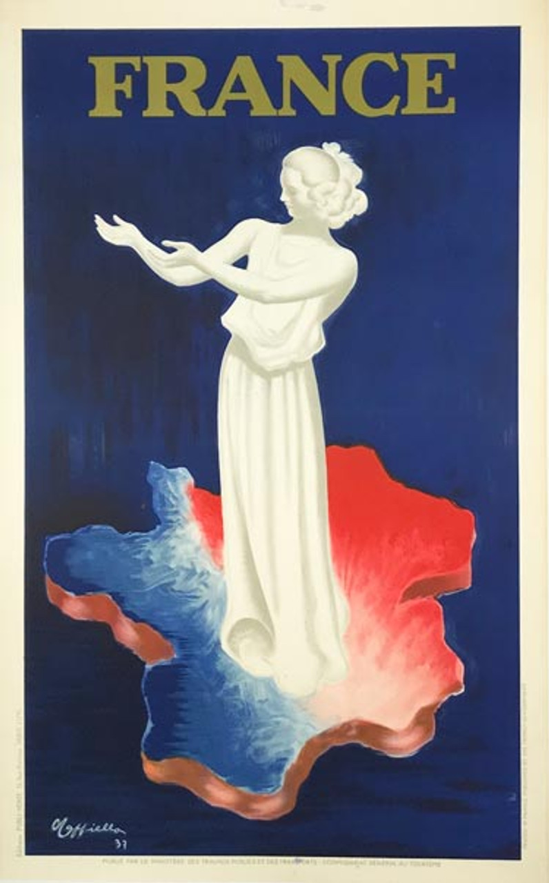 France Leonetto Cappiello original vintage poster from 1937. Great art deco image with statue of woman in white standing on map of France.