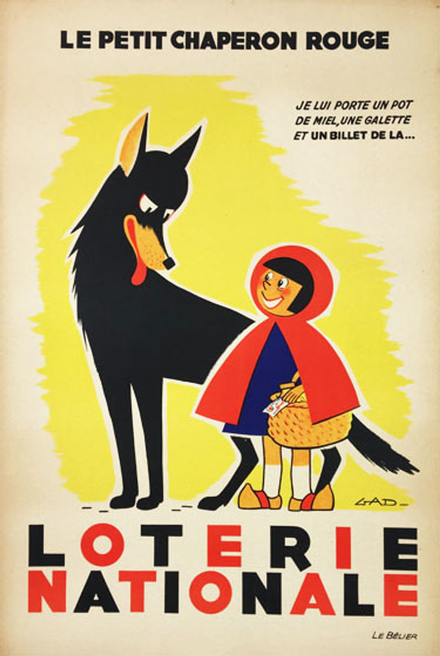 Loterie Nationale original vintage poster from 1949 France by artist Gad. French lottery advertisement features red riding hood and the wolf.