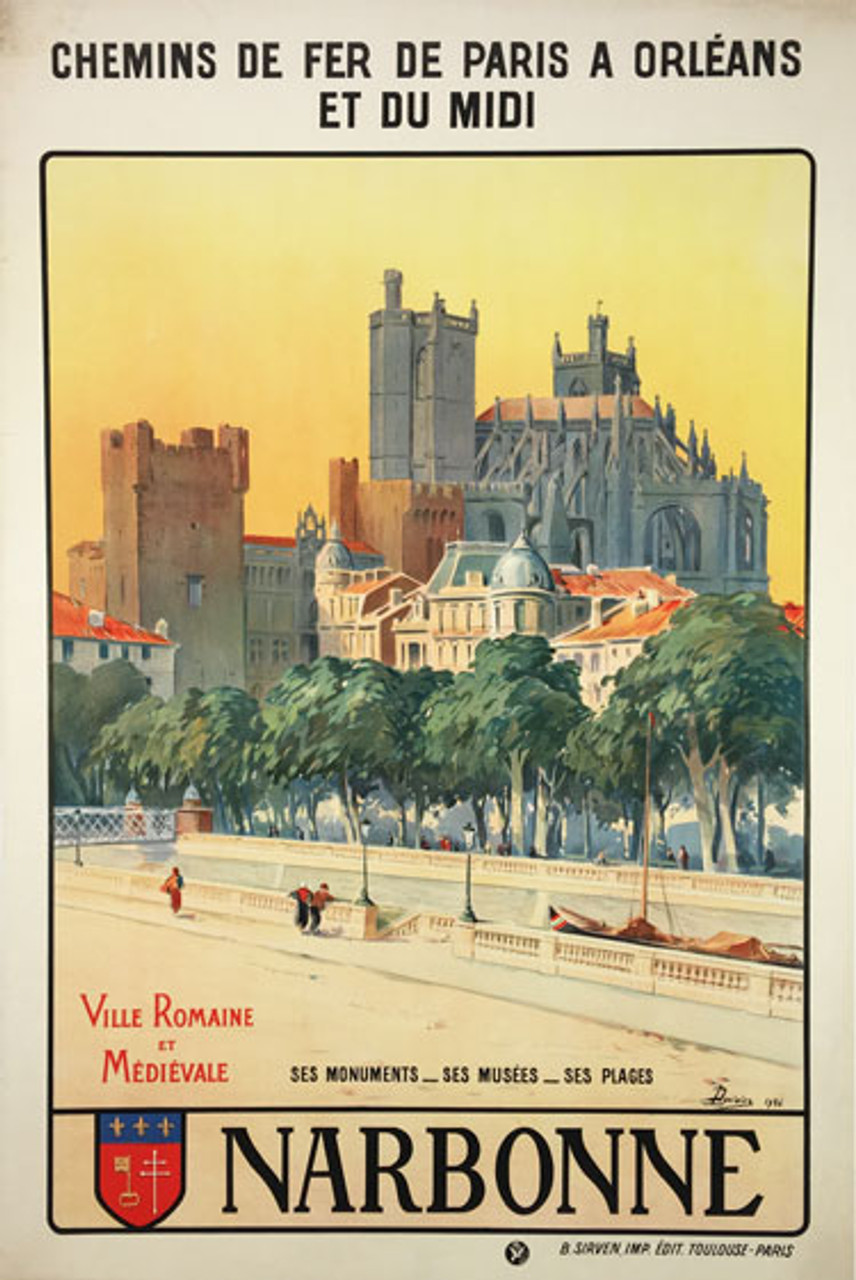 Narbonne original vintage travel poster by L. Duvivier from 1926 France. Features Aude River and Narbonne Cathedral in a background..