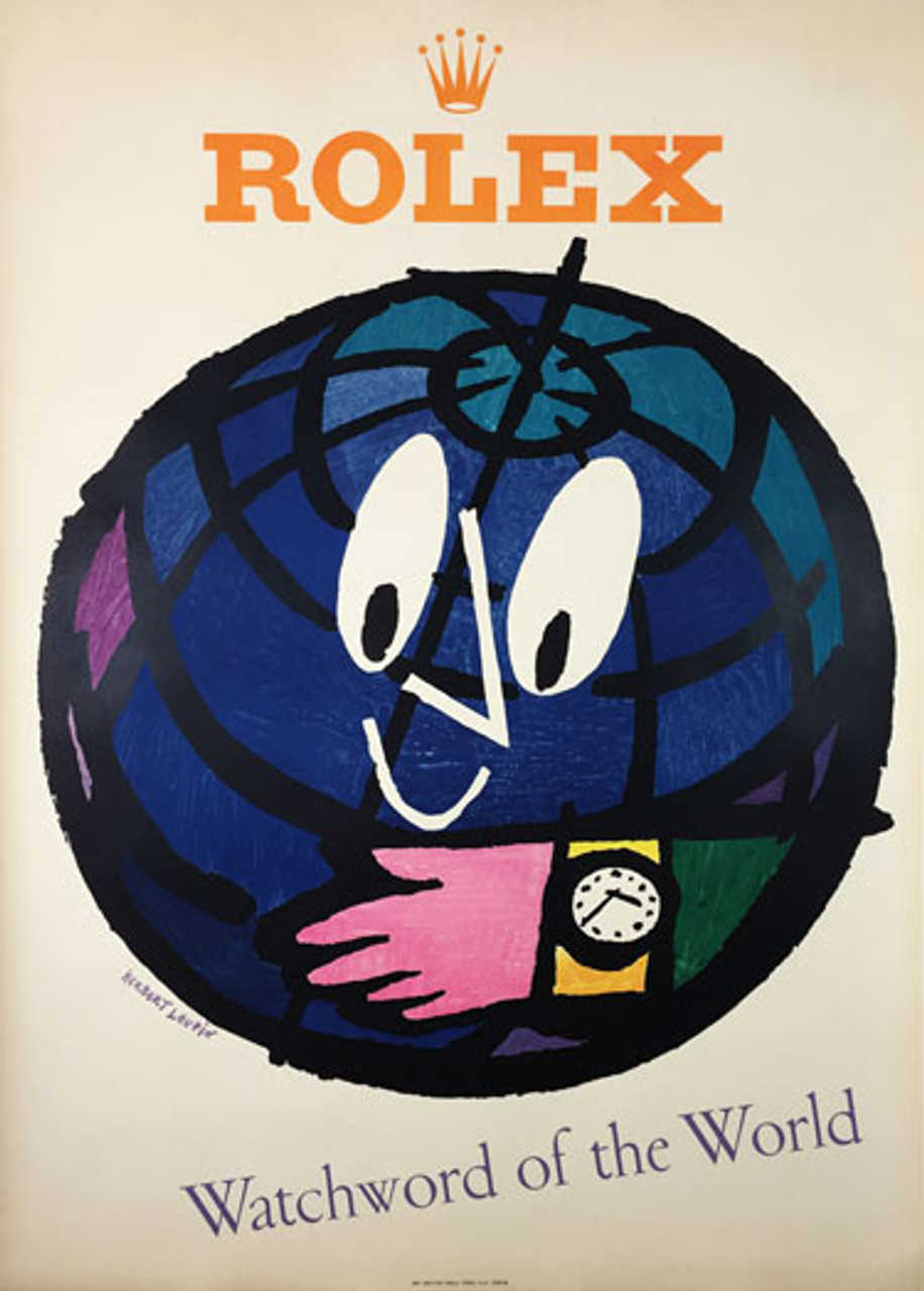 Rolex Watchword of the World Swiss original vintage watch poster form 1950s by famous artist Herbert Leupin.