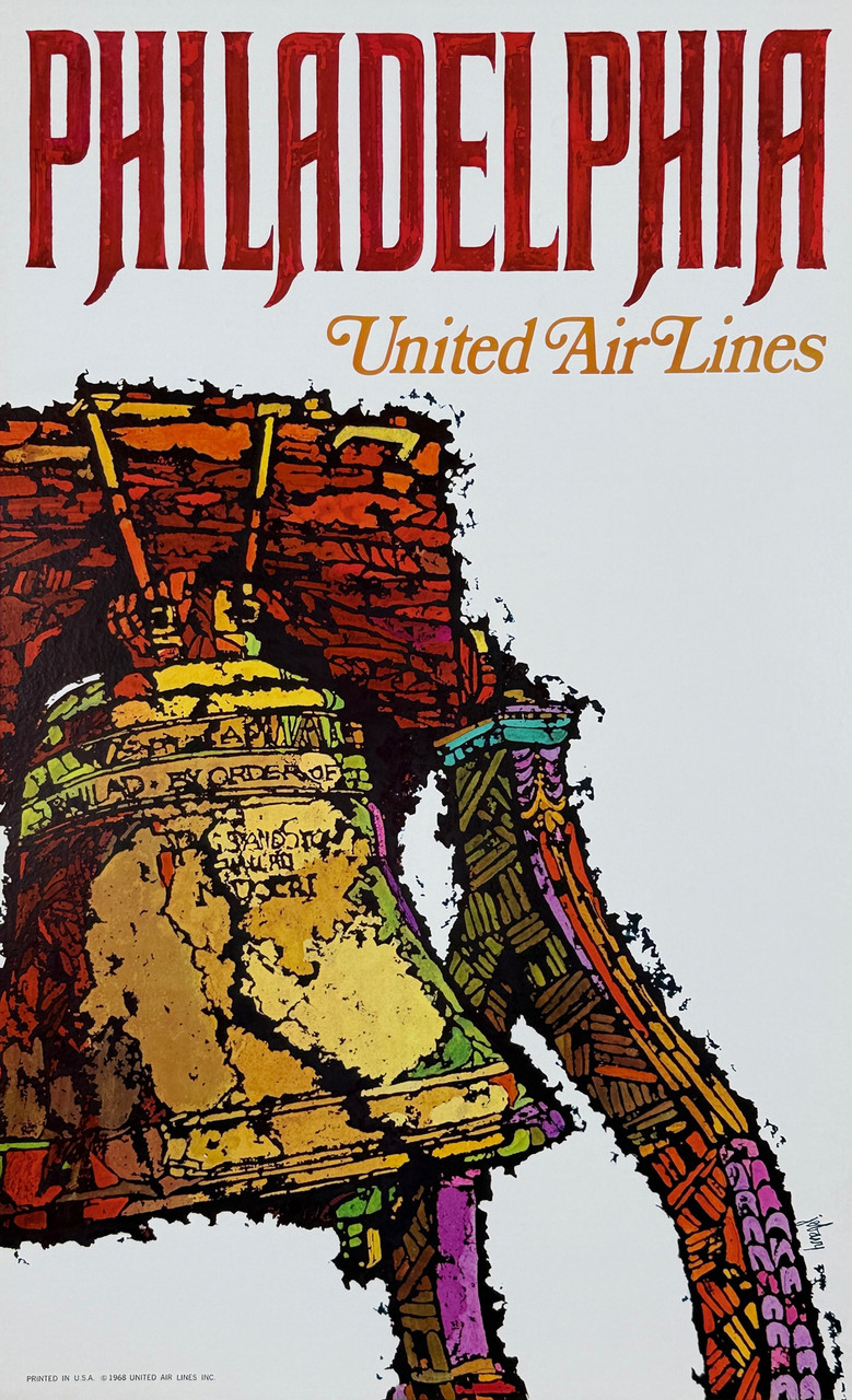 Philadelphia United Airlines Poster By James Jebavy Original 1968 Vintage American Lithograph Passenger Plane Service Advertisement Linen Backed.