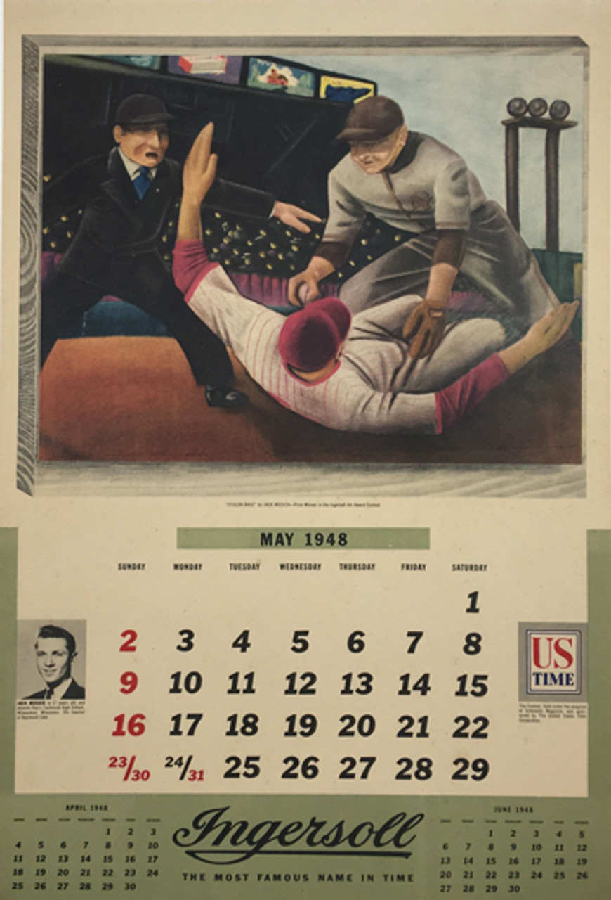 Stolen Base by J. Musich original American 1948 vintage poster with May calendar printed by Scholastic Magazine advertisement for Ingersol Art Award Contest.