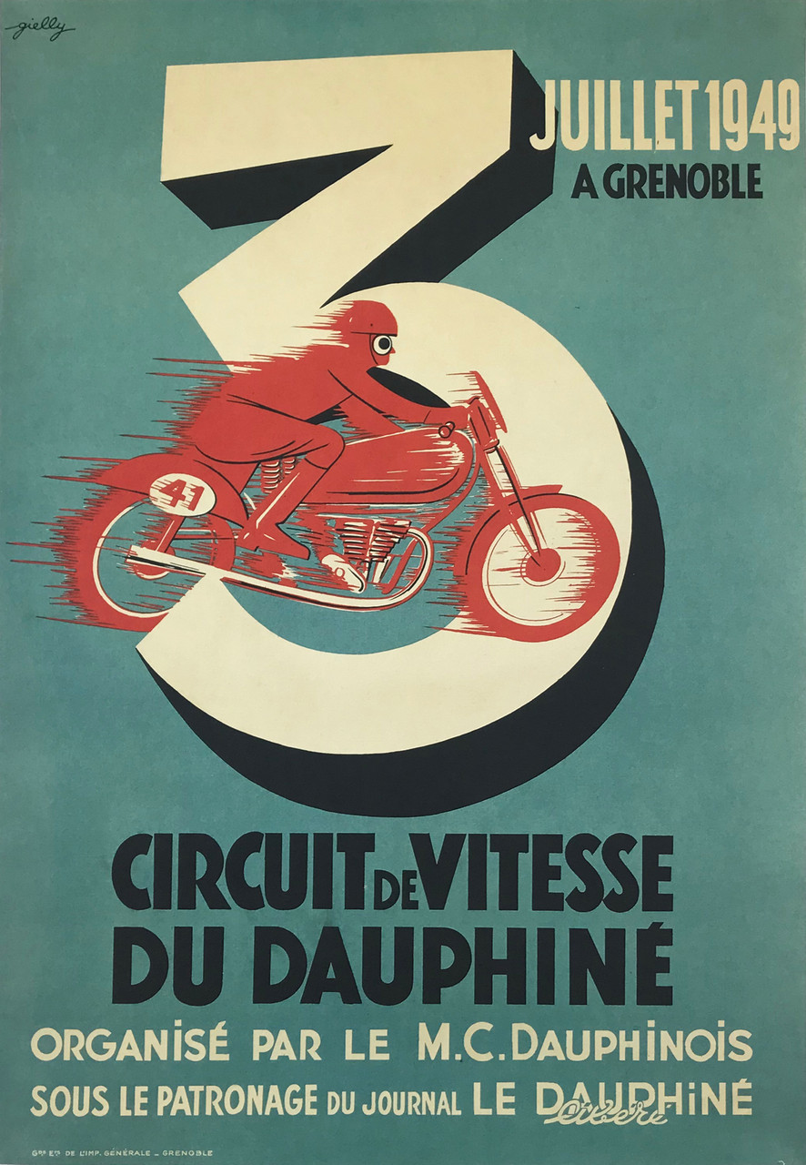 Circuit De Vitesse Du Dauphine by Gielly Original 1949 Vintage French Motorcycle Race Advertisement Poster Linen Backed. 