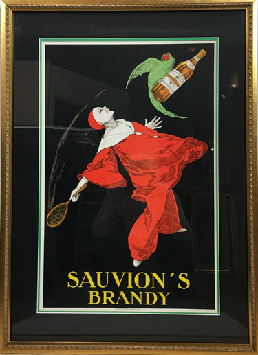 Sauvions Brandy original advertisement lithography vintage poster by Stall from 1925 France. Shows a clown with a tennis racket looking up at a bird flying away with a bottle.