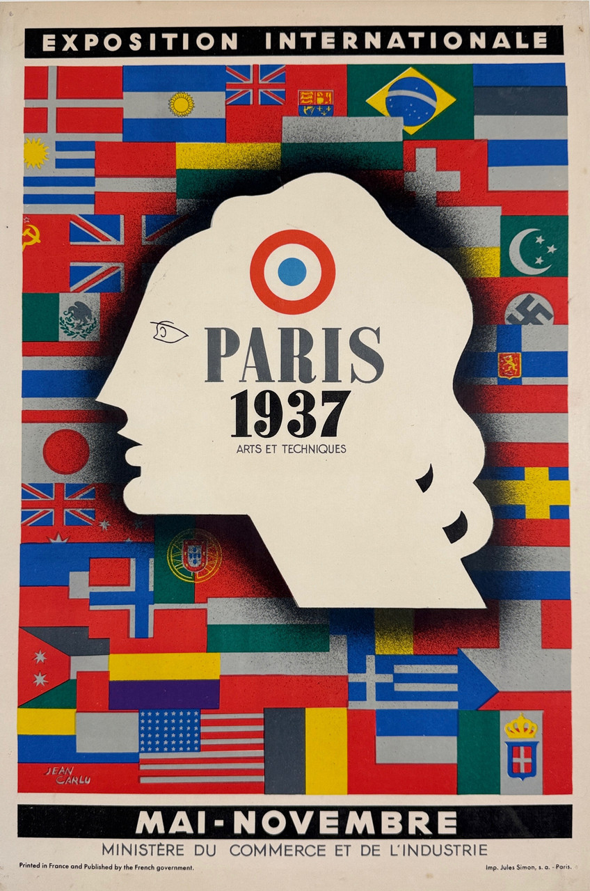 Exposition Internationale Paris 1937 Poster By Jean Carlu Original 1937 Vintage French Worlds Fair Stone Lithograph Advertisement Linen Backed.