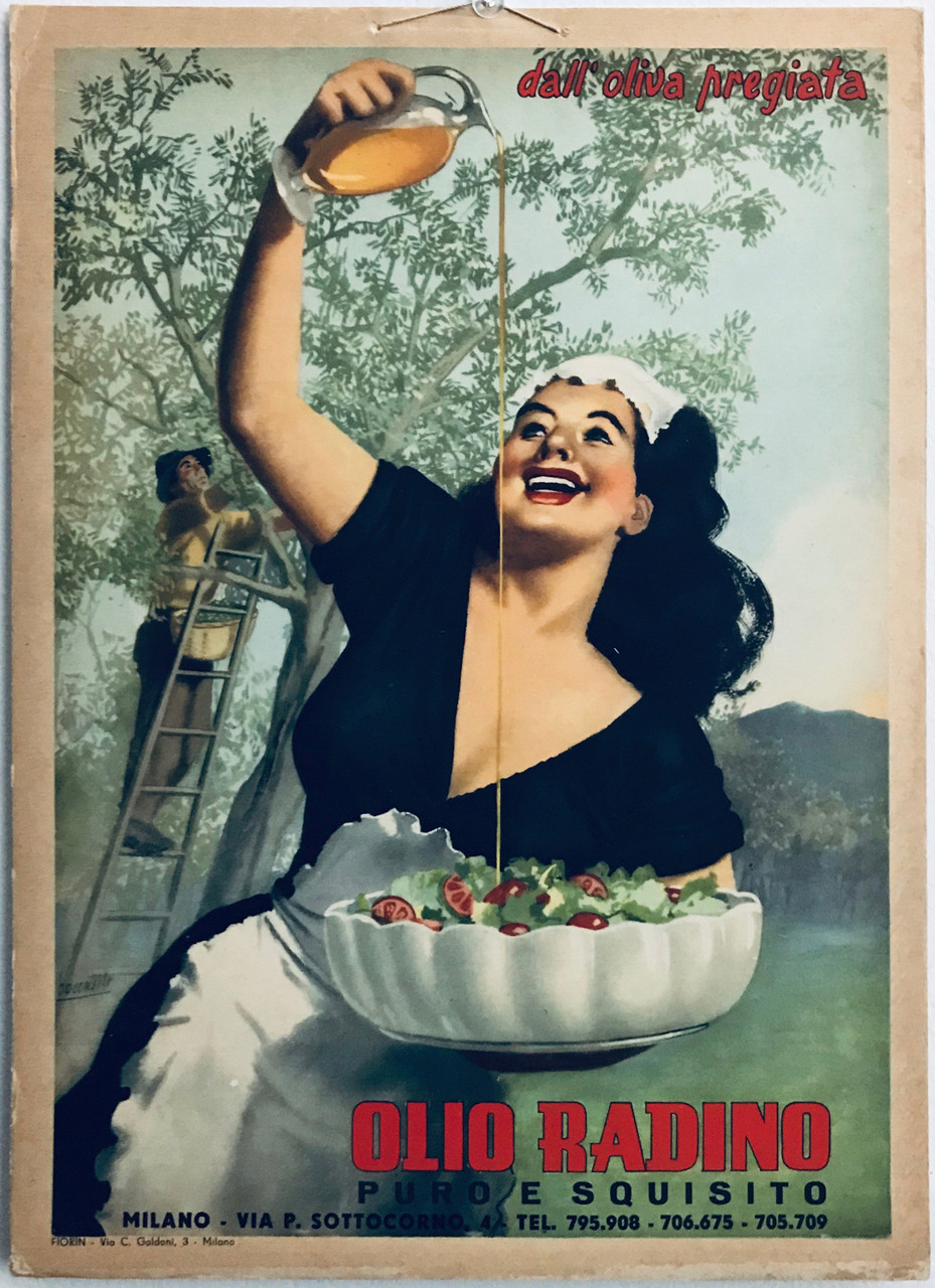 Olio Radino Italian original vintage poster (store display) from 1948 by artist Gino Boccasile. Olive oil lithographic food advertisement.