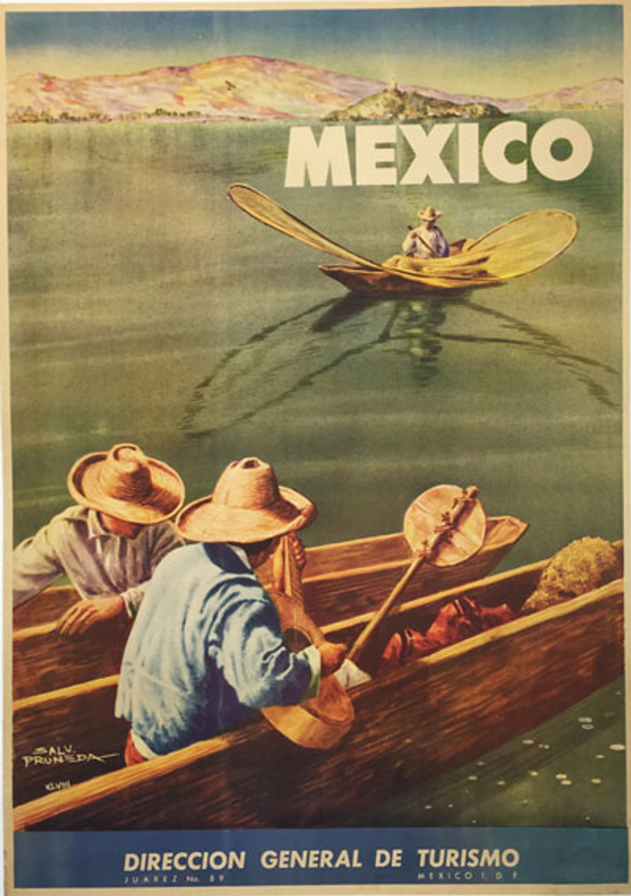 Mexico Lake Patzcuaro by Salvador Pruneda Original 1948 Vintage Government Travel Advertisement Poster Linen Backed. Janitzio Island in the Background