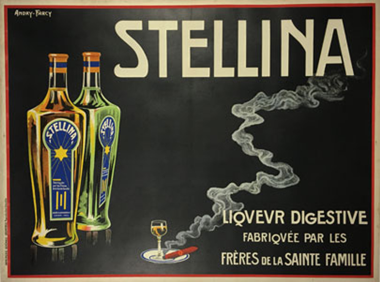 Stellina Liqueur Digestive original vintage poster from 1926 by artist Andry Farcy. Features two bottles to the left and a small tray with a glass and smoking cigar.