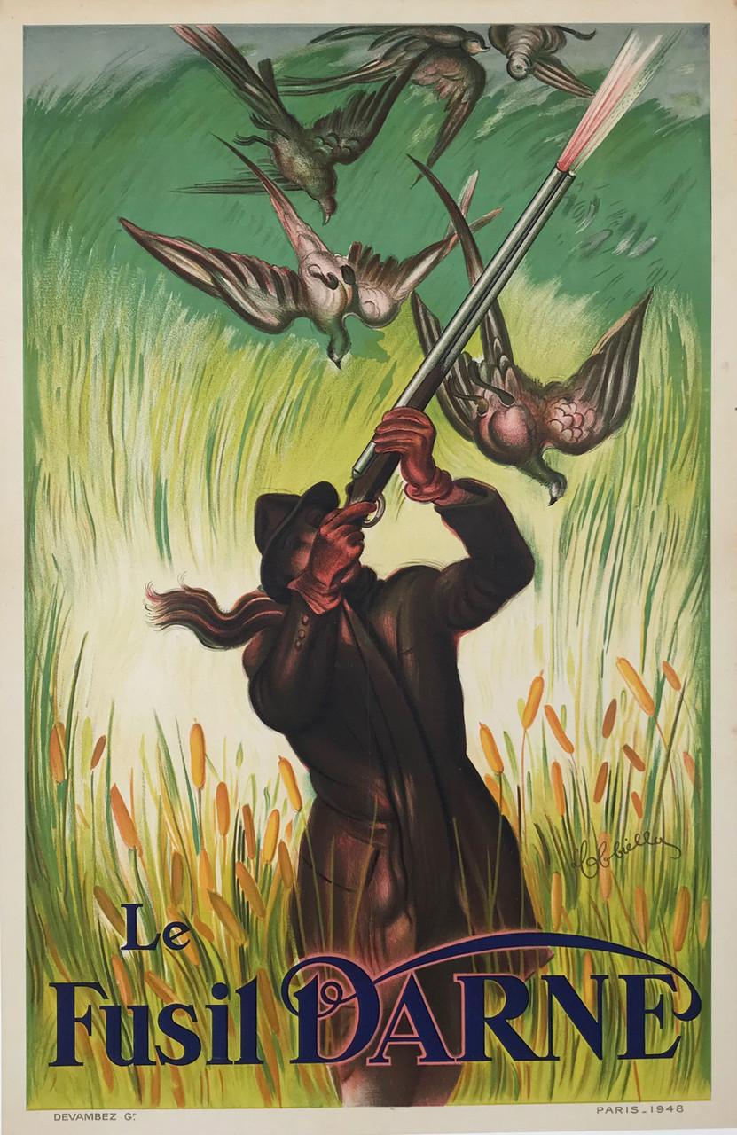Le Fusil Darne Poster by L. Cappiello Original 1948 Vintage Hunting Rifle Company Advertisement Stone Lithograph Linen Backed.