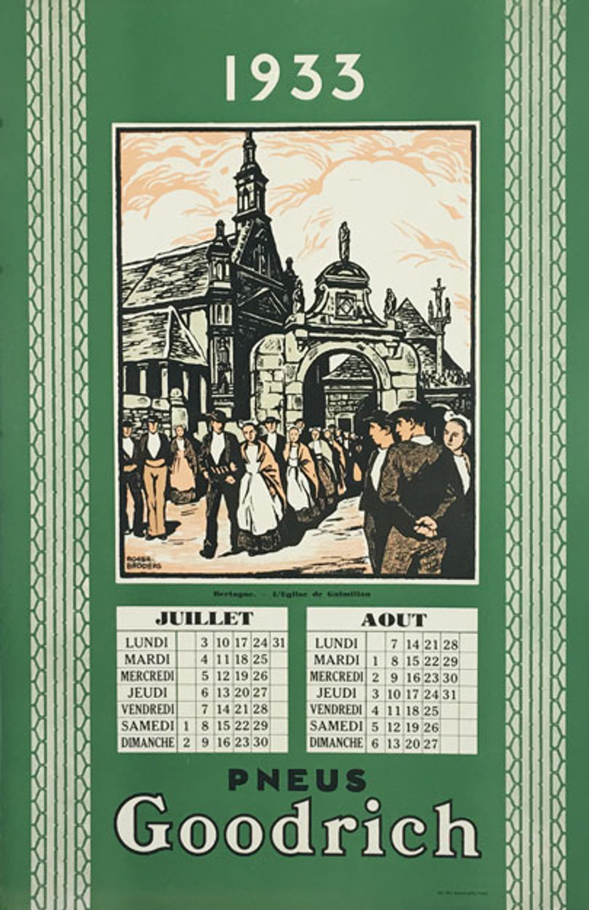 Goodrich Pneus Bretagne Roger Broders 1933 original vintage poster with July and August calendar.