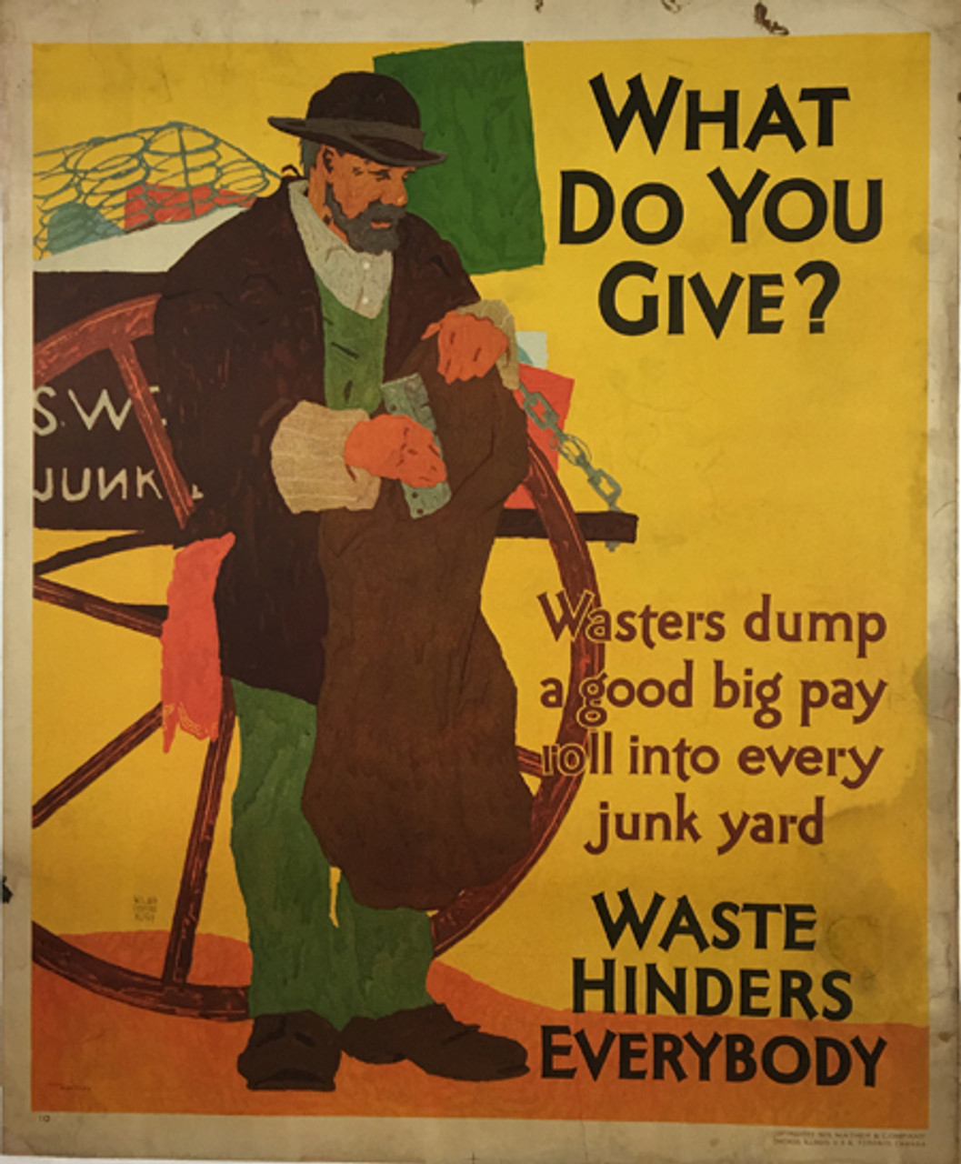 What Do You Give? Wasters dump a good big pay roll into every junk yard, Waste Hinders Everybody. Original American vintage poster from 1929 by Willard Frederic Elmes