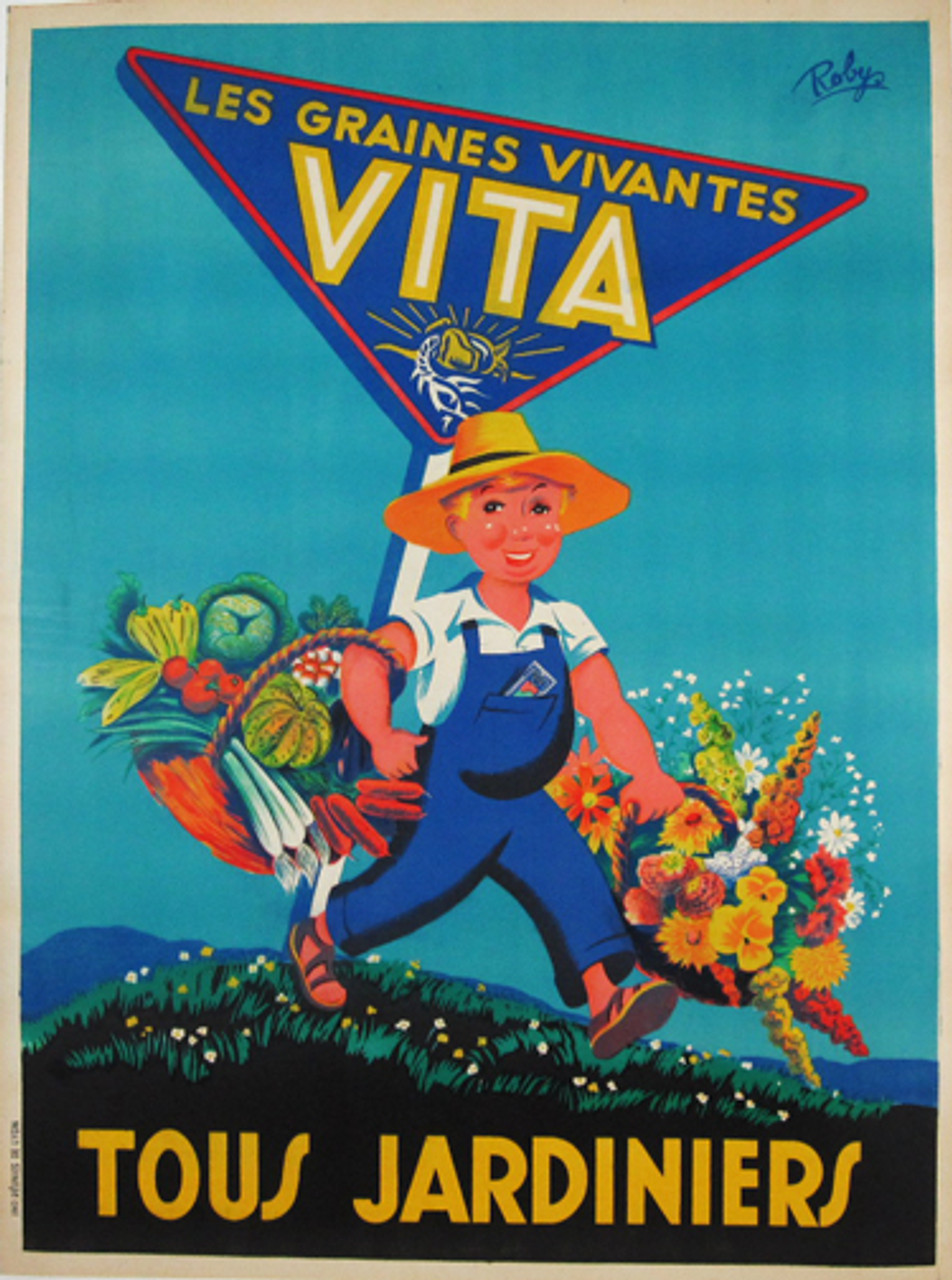 Vita Les Graines Vivantes by Robys (Robert Wolff) Original 1930 Vintage French Vegitable Seeds and Vitamins Company Advertisement Stone Lithograph Poster Linen Backed .