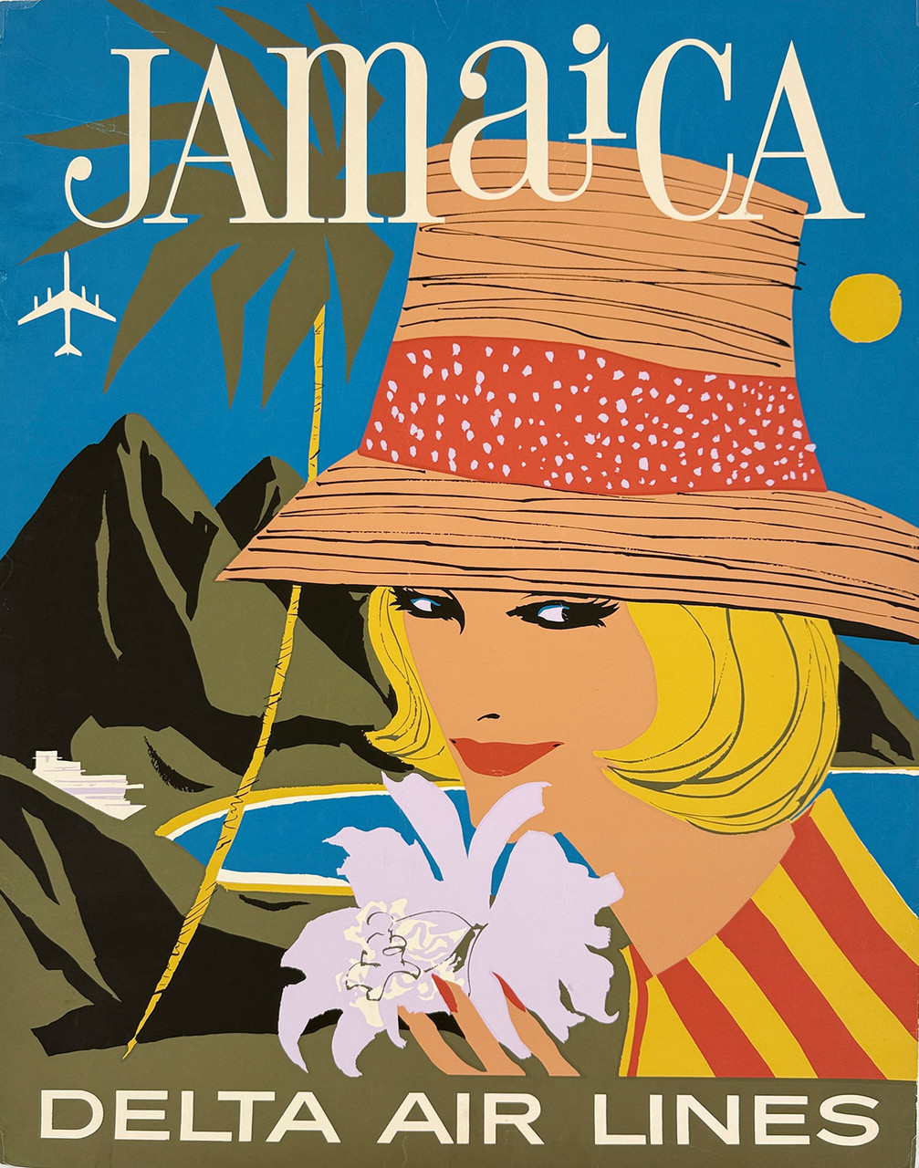Delta Air Lines To Jamaica Poster By Tom Hardy Original 1965 Vintage USA Plane Travel Silkscreen Advertisement. Delta Air Lines To Jamaica Poster By Tom Hardy Original 1965 Vintage USA Plane Travel Silkscreen Advertisement.