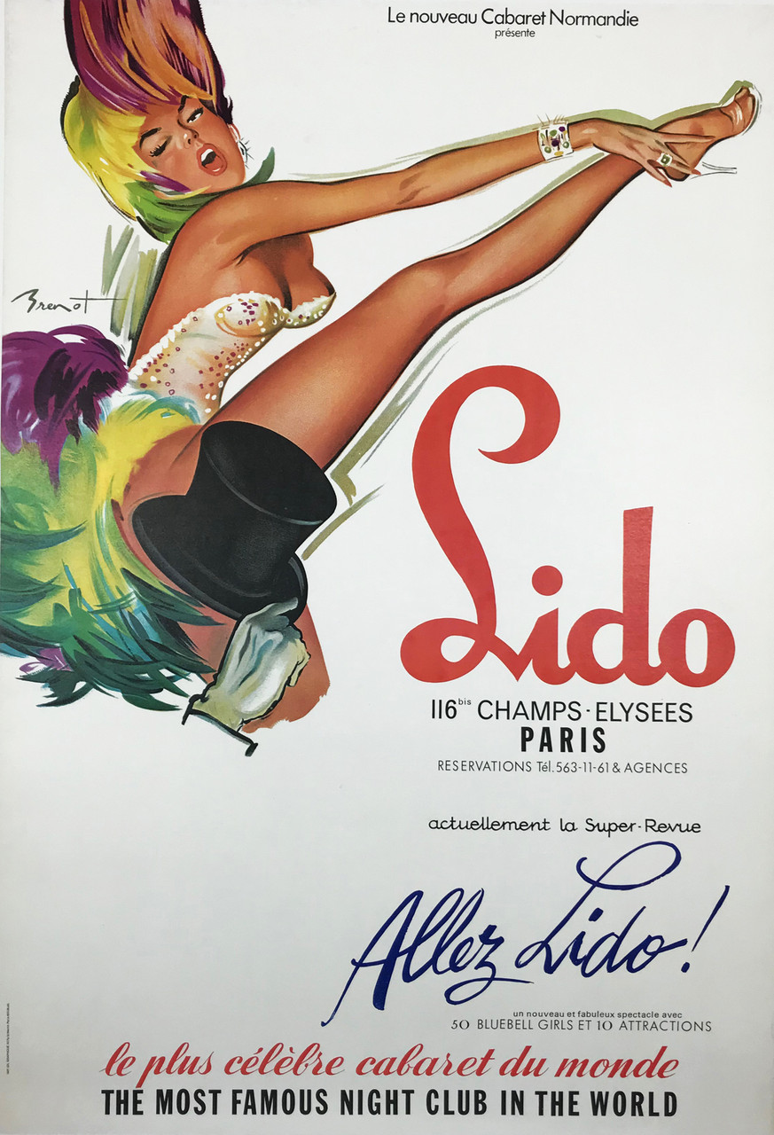 Allez Lido by P. L. Brenot Original 1977 Vintage French Champs Elysées Cabaret Advertisement Lithograph Poster Linen Backed.