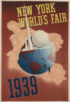 New York World's Fair 1939 by Atherton Original Vintage American Exhibition Advertisement Stone Lithograph Poster Linen Backed. Shows a Trylon and Perisphere buildings for the 1939 New York World's Fair. This is the Middle Size That Was Printed.
