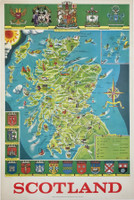  Illustrated Scotland Travel Map by Frederick Griffin Original 1950's Vintage Scotland Poster Linen Backed.