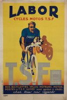 Labor Cycles Motos T.S.F by Affiche Gaillard Original 1930 Vintage French Bicycle and Motorcycle Company Advertisement Stone Lithograph Poster Linen Backed.