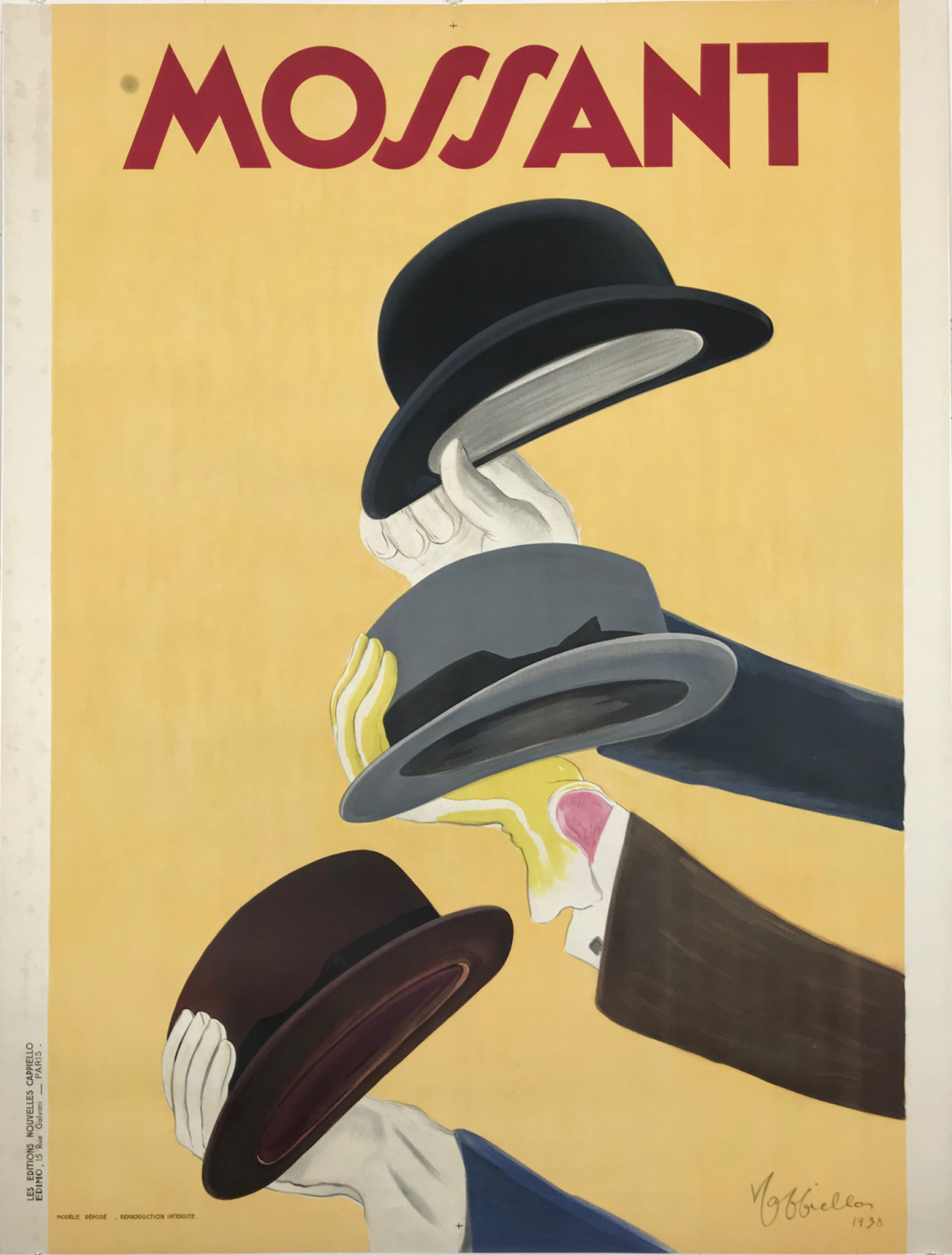 Chapeaux Mossant by French Advertisement 1938 Poster Vintage Linen Leonetto Stone Cappiello Lithograph Co. Hat Original