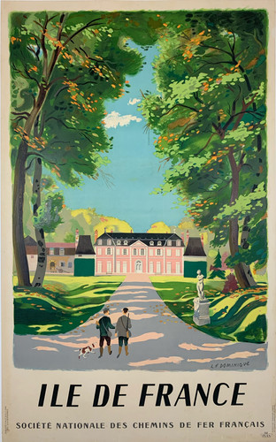 Ile De France SNCF by L.F. Dominique Original 1945 Vintage French Passenger Railway Train Travel Advertisement Poster Linen Backed.