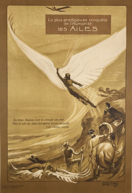 Les Ailes La Plus Prodigieuse Conquete de L'Humanite Poster by Georges Villa Original 1922 Vintage French Gov't Aviation Promotion Advertisement Linen Backed. "The Most Prodigious Conquest of Humanity"