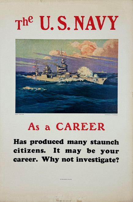 The U.S. Navy As A Career Poster By J.W. Burbank Original 1935 Vintage American Lithograph Recruitment Advertisement Linen Backed.