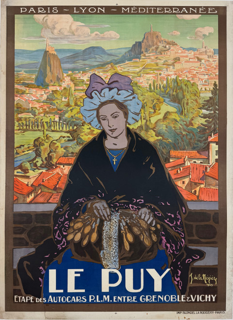 P.L.M Railroad to Le Puy Poster by Neziere Original 1925 Vintage French Passenger Train Stone Lithograph Advertisement Linen Backed.