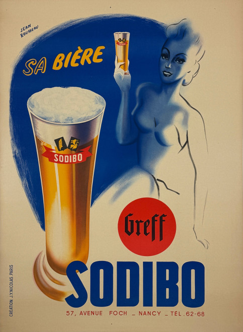 Sodibo Biere Poster by J. Rousseau Original 1940 Vintage French Beer Company Stone Lithograph Advertisement Linen Backed.