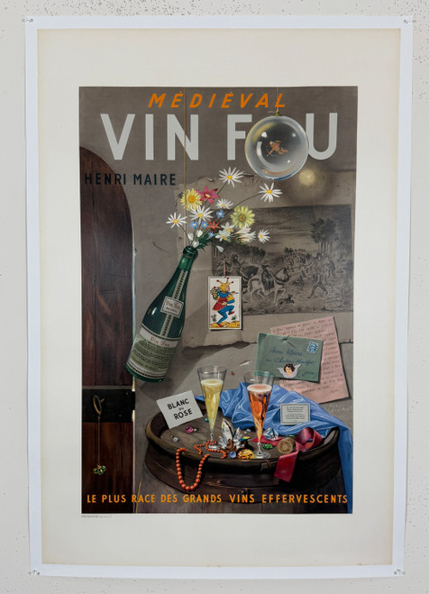 Vin Fou Henri Maire Poster by Paul Grimault Original 1955 Vintage French Winery Offset Lithograph Advertisement Linen Backed.