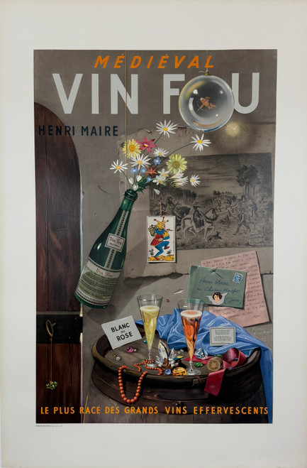 Vin Fou Henri Maire Poster by Paul Grimault Original 1955 Vintage French Winery Offset Lithograph Advertisement Linen Backed.
