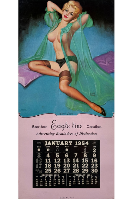Sheer Charm Pin Up Calendar By Earl Moran Original 1954 Vintage USA Printing House Lithograph Advertisement Linen Backed.
