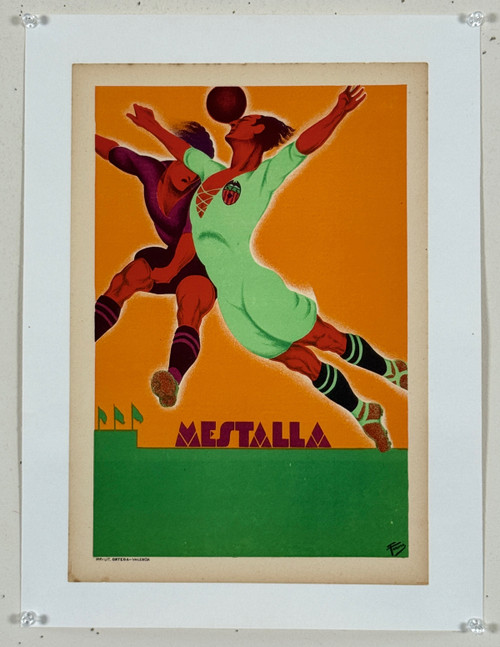 Mestalla Partido De Futbol Poster (Before Letters) By Formo Original 1932 Vintage Spanish Soccer Stone Lithograph Advertisement Linen Backed.