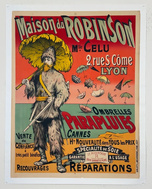 Maison du Robinson Parapluies Ombrelles Poster by Delaroche Original 1907 Vintage French Umbrella Company Stone Lithograph Advertisement Linen Backed.