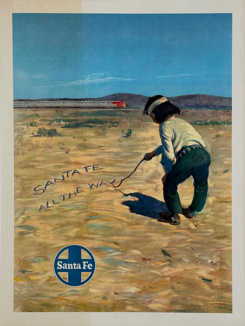 Santa Fe Railway All The Way Poster. Original 1949 Vintage American Lithograph Passenger Train Travel Advertisement Linen Backed.