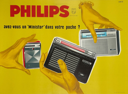 Philips Avez-Vous Un Ministor Dans Votre Poche? Poster By Eric Castle Original 1952 Vintage French Lithograph Transistor Radio Advertisement Linen Backed. "Do you have a "ministor" in your pocket?