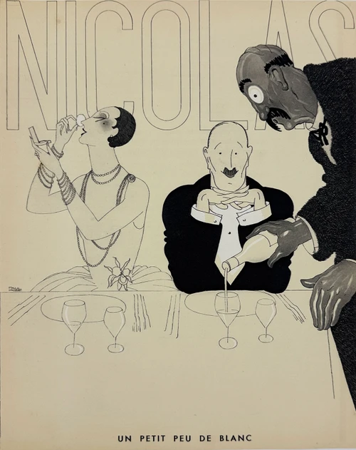 Un Petit Peu De Blanc by Paul Iribe for Nicolas Blanc et Rouge Plaquette with 10 Designs Original 1930 Vintage French Advertising Lithograph. "A little bit of white" referring to both the wine and the lady's face powder.