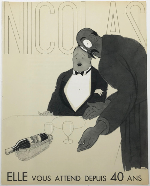 "Elle Vous Attend Depuis 40 Ans" by Paul Iribe Original 1930 Vintage French  Blanc et Rouge Wine Menu Insert for Nicolas With 10 Dfferent Lithograph Designs.