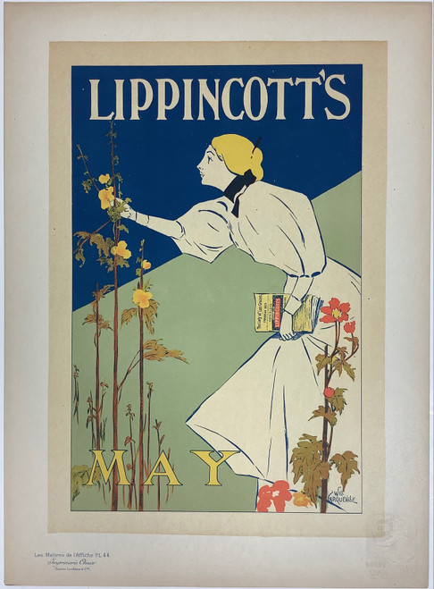 Lippincott's May Les Maitres De L'Affiche Plate 44 by William Carqueville 1896. This lithograph shows a woman picking a yellow flower holding a magazine. Original Antique Posters