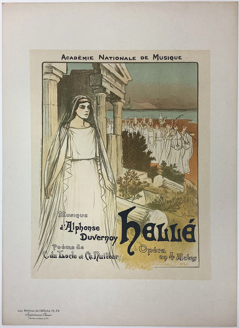 Helle Opera Original Les Maitres De L'Affiche Plate 34 by Theophile-Alexandre Steinlen from 1896 France. This lithograph advertises the National Academy of Music shows a woman in front of Roman columns wearing a veil and other women lined up behind. Original Vintage Poster.