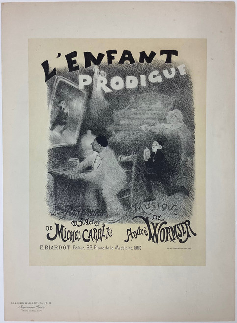 L'Enfant Prodigue Original Les Maitres De L'Affiche Plate 14 by Adolphe Willette from 1896 France. This lithograph, The Prodigal Son, shows a man seated at a table looking up into the mirror at the reflection of a boy begging and a woman pointing. Original Antique Posters