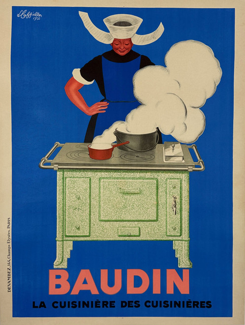 Baudin La Cuisiniere Poster by Leonetto Cappiello Original 1933 Vintage French Stone Lithograph Electric Stove Company Advertisement Linen Backed.