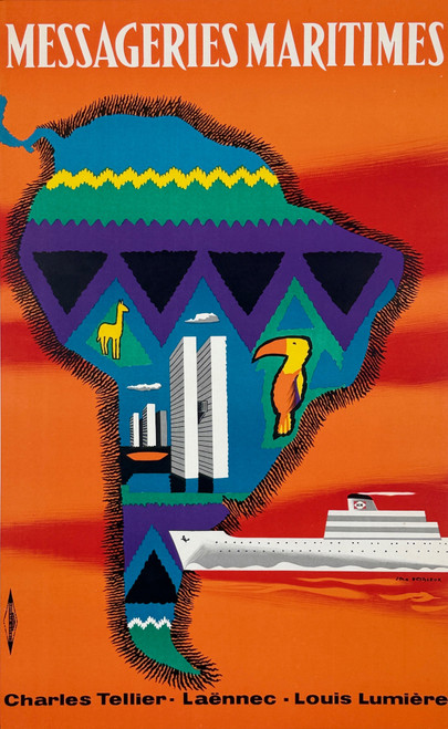 Messageries Maritimes Amerique du Sud Poster by Jean Desaleux Original 1958 Vintage French Lithograph Ocean Liner Advertisement Linen Backed.