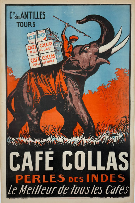 Cafe Collas Poster by Imprimerie La Semeuse Original 1927 Vintage French Coffee Company Stone Lithograph Advertisement Linen Backed.