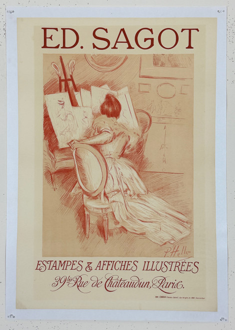 Ed Sagot Estampe Affiche Poster by Paul Helleu Original 1899 Vintage French Stone Lithograph Gallery Show Advertisement Linen Backed.