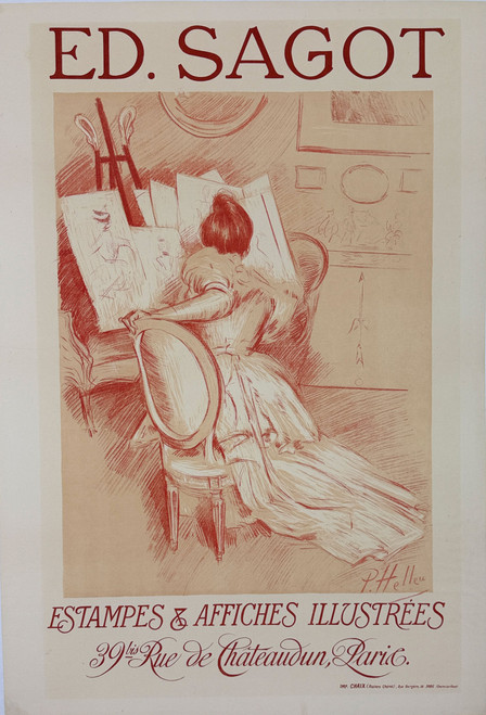 Ed Sagot Estampe Affiche Poster by Paul Helleu Original 1899 Vintage French Stone Lithograph Gallery Show Advertisement Linen Backed.